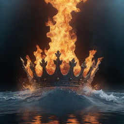 An animated scene featuring a majestic crown engulfed in the elements of fire and water with a mystical backdrop