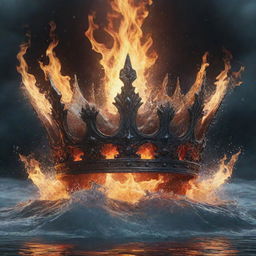 An animated scene featuring a majestic crown engulfed in the elements of fire and water with a mystical backdrop