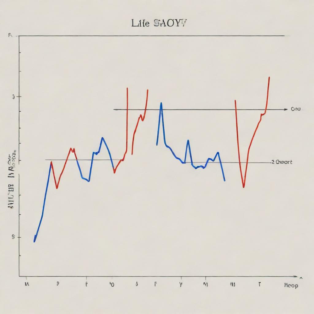 An allegorical representation of 'Life Chart'. Show a line graph with peaks and valleys, representing life's highs and lows as it navigates through labels such as 'joy', 'sorrow', 'triumph', 'loss', 'hope', and 'despair'.