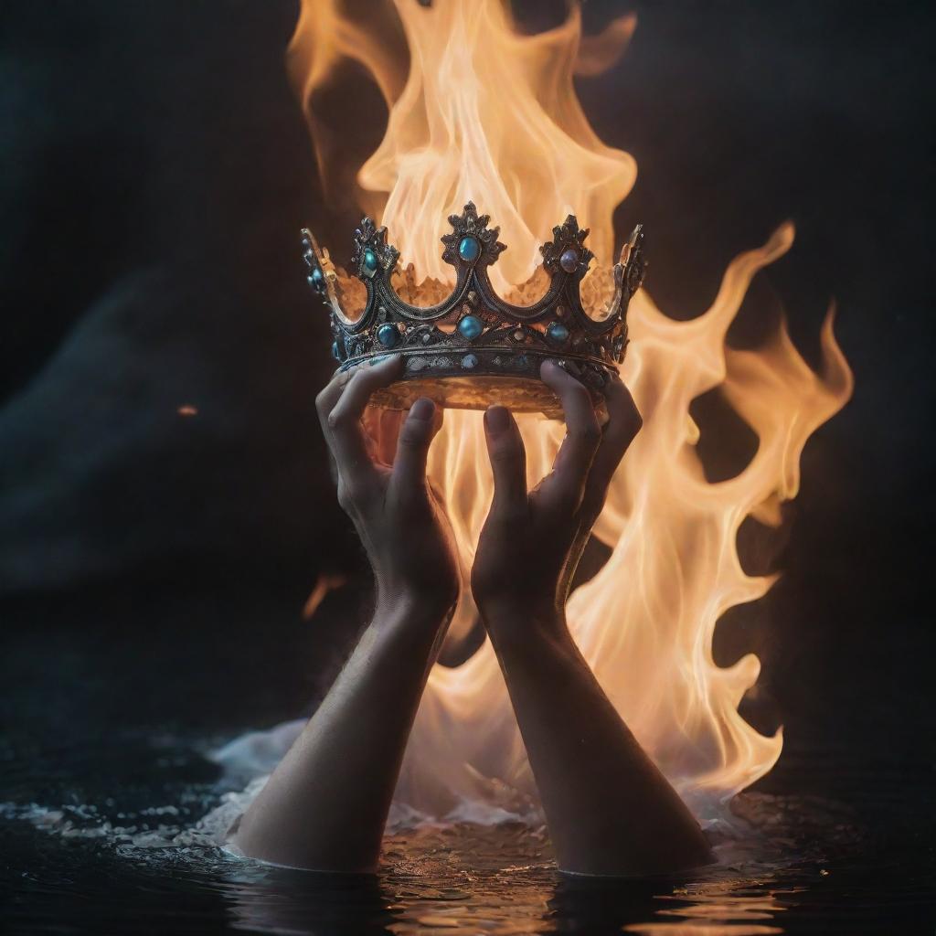 An image of ethereal hands emerging from fire and water, holding a royal crown against a mystical backdrop