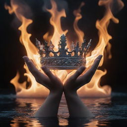 An image of ethereal hands emerging from fire and water, holding a royal crown against a mystical backdrop