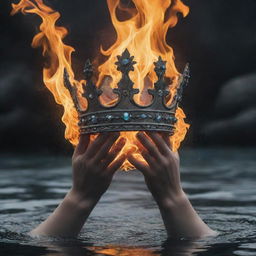 An image of ethereal hands emerging from fire and water, holding a royal crown against a mystical backdrop