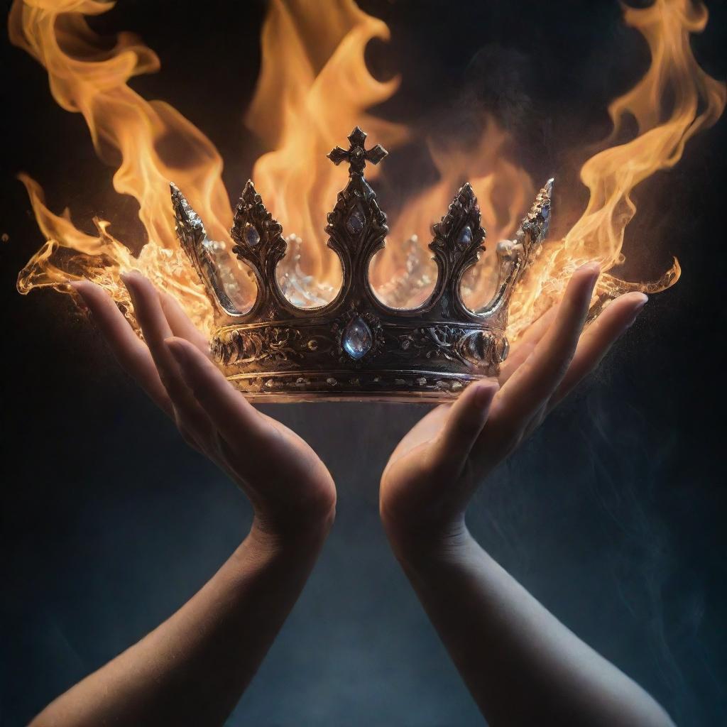 An image of ethereal hands emerging from fire and water, holding a royal crown against a mystical backdrop