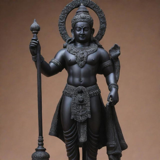 A majestic black murti of Shree Ram ji, meticulously carved, with meticulous details highlighting his peaceful expressions and strong stance suggestive of his divine power.