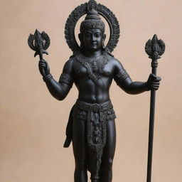 A majestic black murti of Shree Ram ji, meticulously carved, with meticulous details highlighting his peaceful expressions and strong stance suggestive of his divine power.