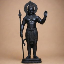 A majestic black murti of Shree Ram ji, meticulously carved, with meticulous details highlighting his peaceful expressions and strong stance suggestive of his divine power.