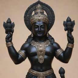 A majestic black murti of Shree Ram ji, meticulously carved, with meticulous details highlighting his peaceful expressions and strong stance suggestive of his divine power.