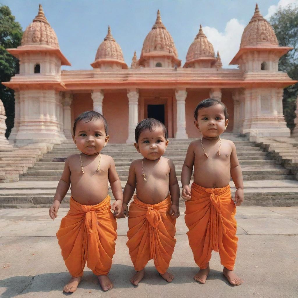 Baby Shree Raman together with Lakshman, Sita, and Hanuman in front of the majestic Ayodhya temple. They all have an aura of divinity, set against the backdrop of a beautifully adorned temple.