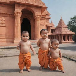 Baby Shree Raman together with Lakshman, Sita, and Hanuman in front of the majestic Ayodhya temple. They all have an aura of divinity, set against the backdrop of a beautifully adorned temple.