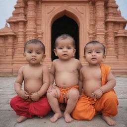 Baby Shree Raman together with Lakshman, Sita, and Hanuman in front of the majestic Ayodhya temple. They all have an aura of divinity, set against the backdrop of a beautifully adorned temple.