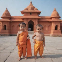 Baby Shree Raman together with Lakshman, Sita, and Hanuman in front of the majestic Ayodhya temple. They all have an aura of divinity, set against the backdrop of a beautifully adorned temple.