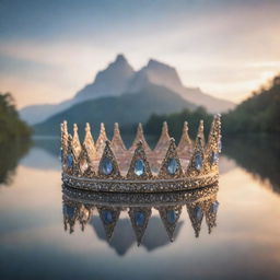 A serene image presenting a mystical backdrop with a majestic crown at the center