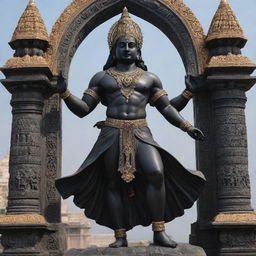 A majestic black murti of Shree Ram ji from Ayodhya, depicted with exquisite detail and precision, his pose and expression projecting divine fortitude against the backdrop of Ayodhya's historic landmarks.