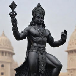 A majestic black murti of Shree Ram ji from Ayodhya, depicted with exquisite detail and precision, his pose and expression projecting divine fortitude against the backdrop of Ayodhya's historic landmarks.