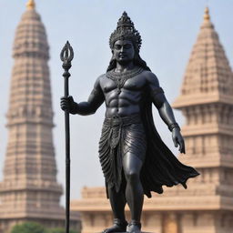 A majestic black murti of Shree Ram ji from Ayodhya, depicted with exquisite detail and precision, his pose and expression projecting divine fortitude against the backdrop of Ayodhya's historic landmarks.