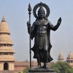 A majestic black murti of Shree Ram ji from Ayodhya, depicted with exquisite detail and precision, his pose and expression projecting divine fortitude against the backdrop of Ayodhya's historic landmarks.