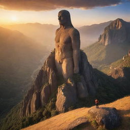 An epic scene of 'Eternal Art'. Perhaps a colossal statue carved into a mountain, weathered by time yet majestic, its features creating a timeless masterpiece. A brilliant sunrise or sunset illuminates it.