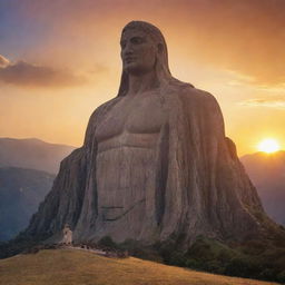 An epic scene of 'Eternal Art'. Perhaps a colossal statue carved into a mountain, weathered by time yet majestic, its features creating a timeless masterpiece. A brilliant sunrise or sunset illuminates it.