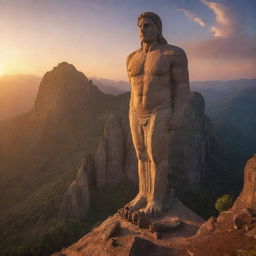 An epic scene of 'Eternal Art'. Perhaps a colossal statue carved into a mountain, weathered by time yet majestic, its features creating a timeless masterpiece. A brilliant sunrise or sunset illuminates it.