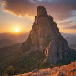 An epic scene of 'Eternal Art'. Perhaps a colossal statue carved into a mountain, weathered by time yet majestic, its features creating a timeless masterpiece. A brilliant sunrise or sunset illuminates it.