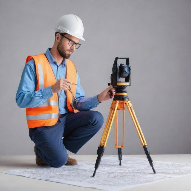 Professional geodetic engineer with surveying equipment in a graphic design style