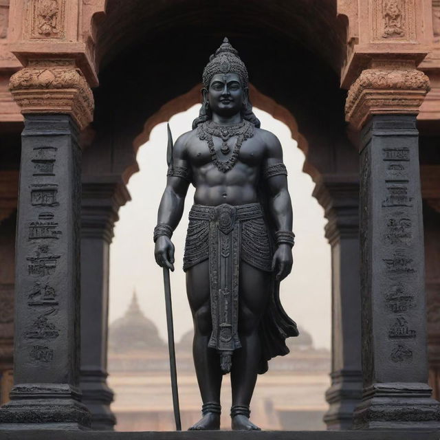 A black statue of Shree Ram ji intricately crafted in Ayodhya, standing majestically in front of the iconic Ram Mandir, showcasing a harmonious blend of divine fervour and architectural brilliance.