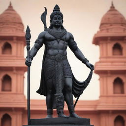 A black statue of Shree Ram ji intricately crafted in Ayodhya, standing majestically in front of the iconic Ram Mandir, showcasing a harmonious blend of divine fervour and architectural brilliance.