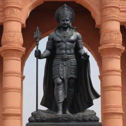 A black statue of Shree Ram ji intricately crafted in Ayodhya, standing majestically in front of the iconic Ram Mandir, showcasing a harmonious blend of divine fervour and architectural brilliance.