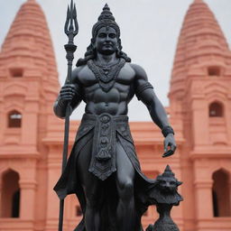 A black statue of Shree Ram ji intricately crafted in Ayodhya, standing majestically in front of the iconic Ram Mandir, showcasing a harmonious blend of divine fervour and architectural brilliance.