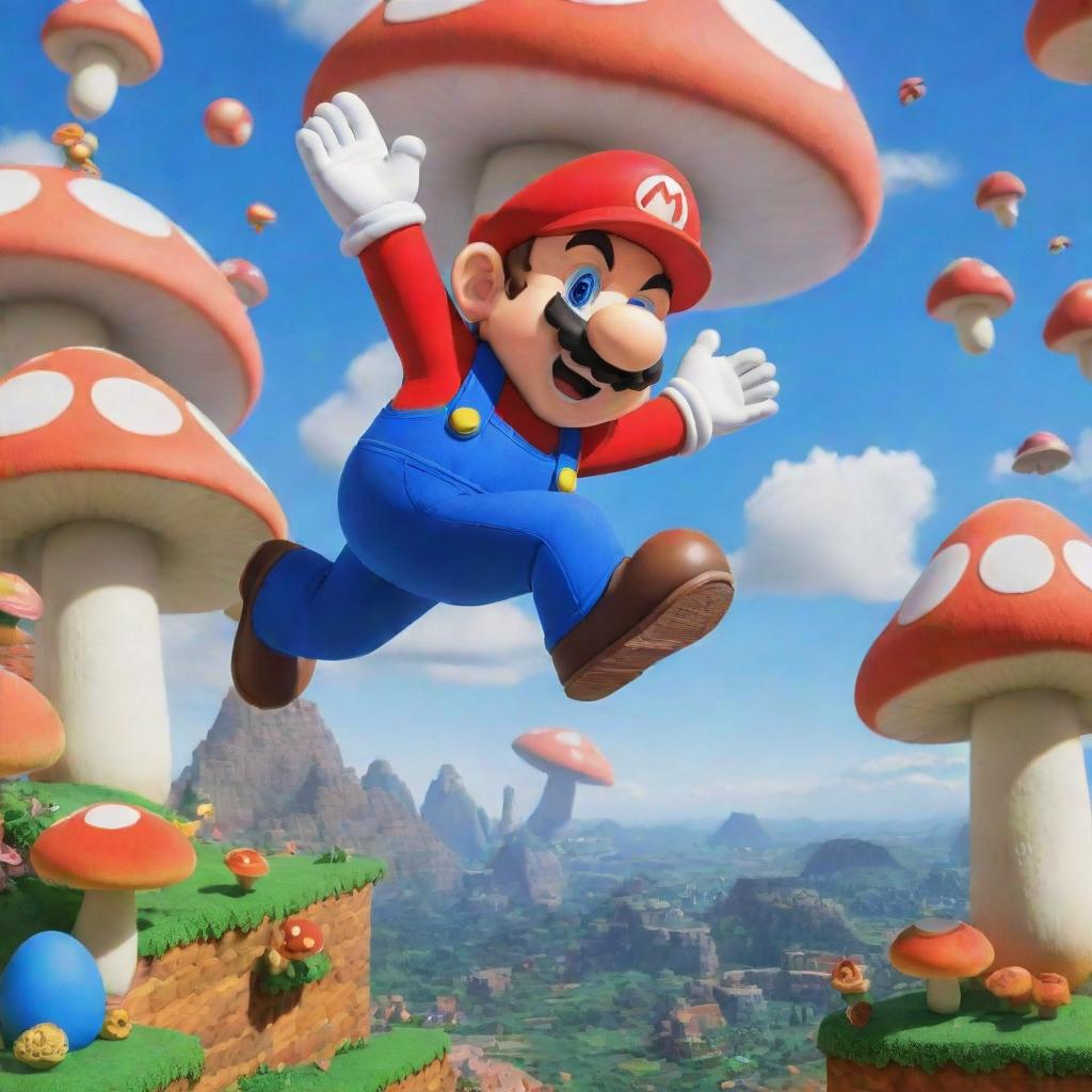 A vibrant image of Mario, the classic Nintendo character, enthusiastically jumping in mid-air with a backdrop of colorful Mushroom Kingdom.