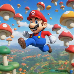 A vibrant image of Mario, the classic Nintendo character, enthusiastically jumping in mid-air with a backdrop of colorful Mushroom Kingdom.