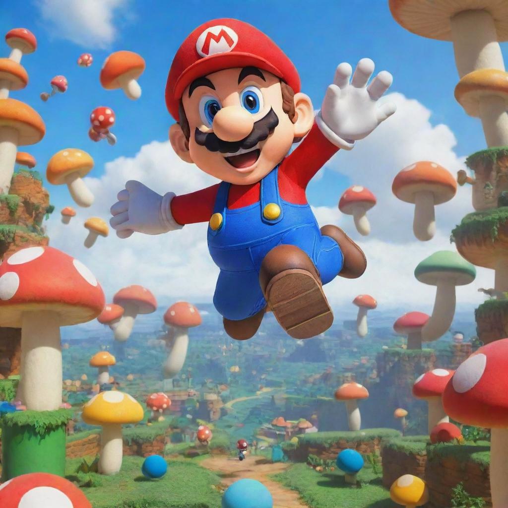 A vibrant image of Mario, the classic Nintendo character, enthusiastically jumping in mid-air with a backdrop of colorful Mushroom Kingdom.