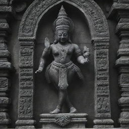 An impressively carved black murti of Shree Ram ji, the Hindu god, in Ayodhya. The statue stands towering and serene in front of the intricate architecture of the Ram Mandir, symbolizing spiritual reverence and historical legacy.