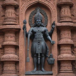 An impressively carved black murti of Shree Ram ji, the Hindu god, in Ayodhya. The statue stands towering and serene in front of the intricate architecture of the Ram Mandir, symbolizing spiritual reverence and historical legacy.