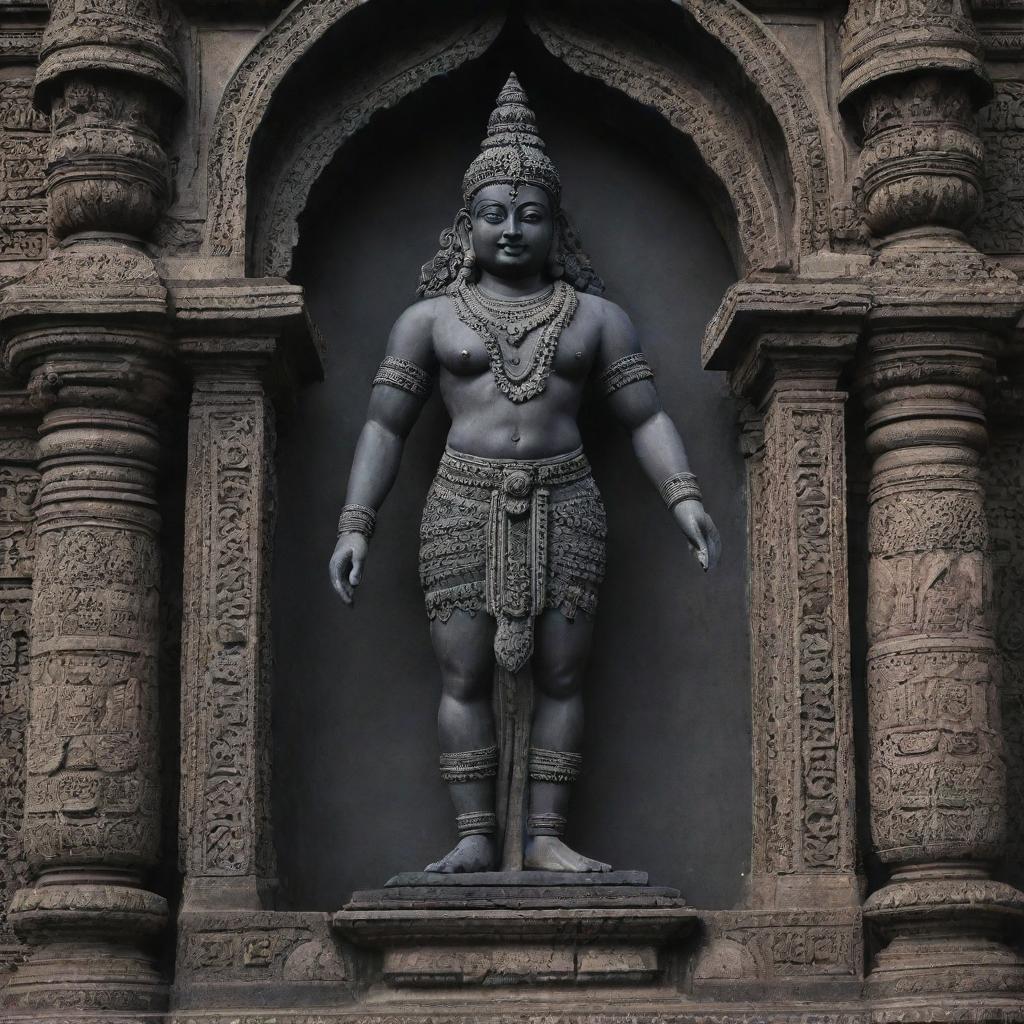 An impressively carved black murti of Shree Ram ji, the Hindu god, in Ayodhya. The statue stands towering and serene in front of the intricate architecture of the Ram Mandir, symbolizing spiritual reverence and historical legacy.