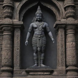 An impressively carved black murti of Shree Ram ji, the Hindu god, in Ayodhya. The statue stands towering and serene in front of the intricate architecture of the Ram Mandir, symbolizing spiritual reverence and historical legacy.