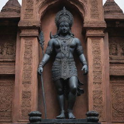 An impressively carved black murti of Shree Ram ji, the Hindu god, in Ayodhya. The statue stands towering and serene in front of the intricate architecture of the Ram Mandir, symbolizing spiritual reverence and historical legacy.