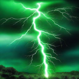 A high-quality digital art image depicting a powerful display of green lightning