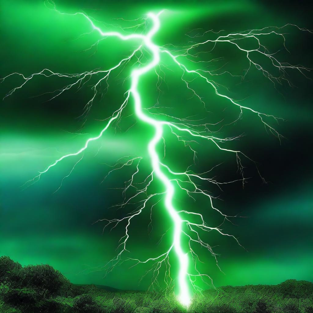 A high-quality digital art image depicting a powerful display of green lightning