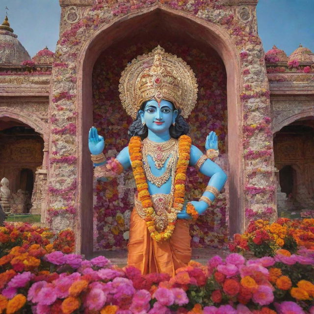 The deity Shree Ram standing regally in front of the ornate Ram Mandir, while devotees throw a myriad of brightly colored flowers from every direction.