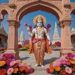 The deity Shree Ram standing regally in front of the ornate Ram Mandir, while devotees throw a myriad of brightly colored flowers from every direction.