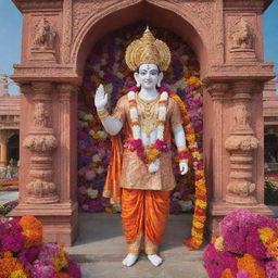 The deity Shree Ram standing regally in front of the ornate Ram Mandir, while devotees throw a myriad of brightly colored flowers from every direction.