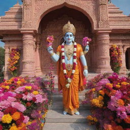 The deity Shree Ram standing regally in front of the ornate Ram Mandir, while devotees throw a myriad of brightly colored flowers from every direction.