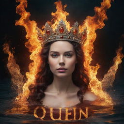 A fantasy scene showcasing a queen's crown wrapped in fire and water, with the word 'Queen' prominently displayed