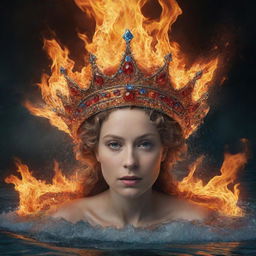 A fantasy scene showcasing a queen's crown wrapped in fire and water, with the word 'Queen' prominently displayed