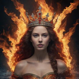 A fantasy scene showcasing a queen's crown wrapped in fire and water, with the word 'Queen' prominently displayed