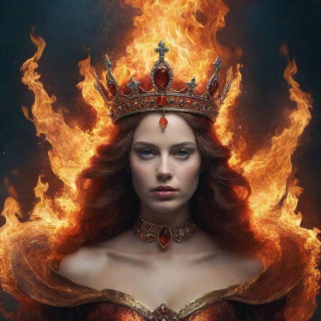 A fantasy scene showcasing a queen's crown wrapped in fire and water, with the word 'Queen' prominently displayed