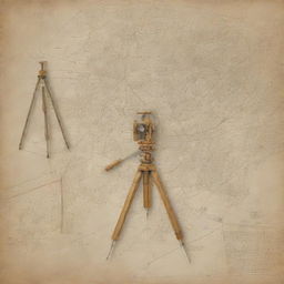 Graphic design illustration featuring elements of geodetic engineering such as surveying equipment, maps, and topology.