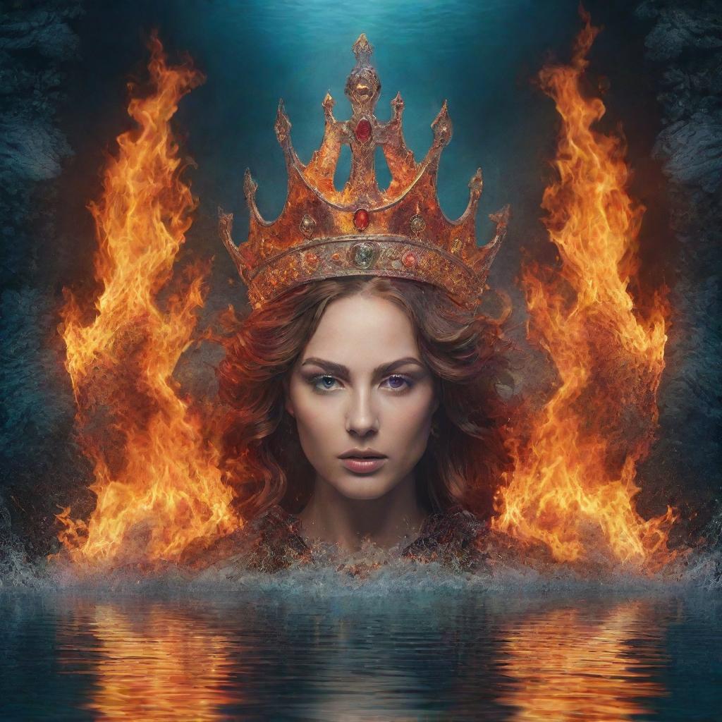 A fantasy backdrop featuring a majestic crown ensconced in fire and water, along with the inscription 'Queen'