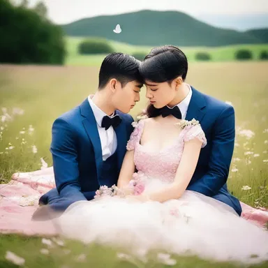 The delicate beauty of the emperor butterfly fluttering through a flower-filled meadow captivated the hearts of the young couple on their romantic picnic.